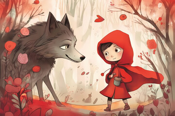 illustration of Little red riding hood and the evil wolf. Generative AI