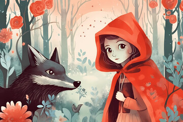 illustration of Little red riding hood and the evil wolf. Generative AI