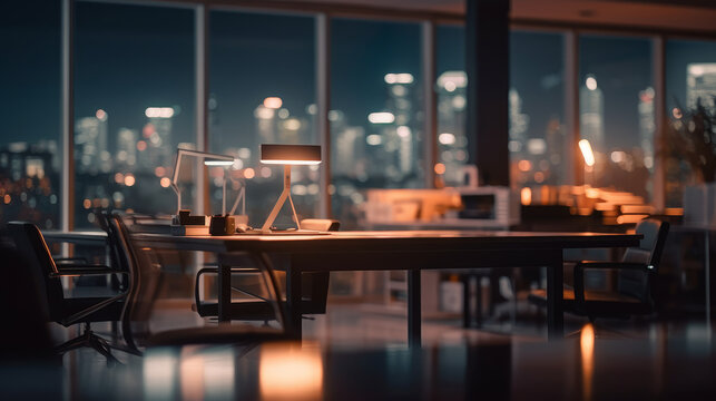 Modern office workstation with supplies and copy space on stylish table over blurred skyscraper. Al generated