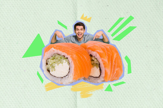 Young funny guy courier advertising new sushi set special price order delivery offer conceptual photo collage background