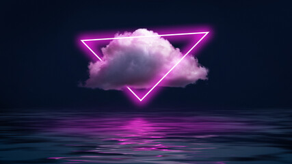Abstract design for horizontal wallpaper, background. Neon pink triangle in cloud over night ocean,...