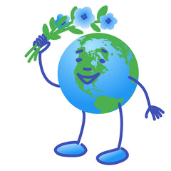 Cute cartoon earth globe with bunch of flowers isolated on white background.