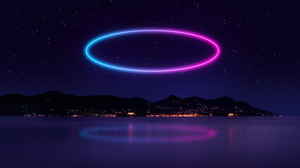 Creative design for horizontal wallpapers and background. Neon pink blue circle at starry sky over...