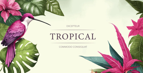 Tropical watercolor plants and flowers, summer holiday banner. Colorful frame with hibiscus and tropical leaves © Rimsky