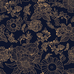 Outlined gold floral repeat pattern blue background