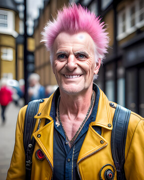 Portrait Of A Old Punk Rocker Man In The City. Illustration, Generative Ai