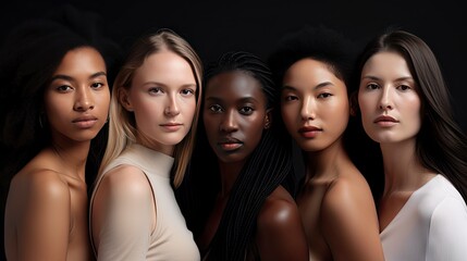 Fototapeta premium women of different ethnicities posing at camera, enjoy being as they are. bodypositive, plus size model, skinny model. ai generative.