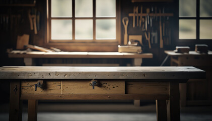 Abstract carpentry workshop with wooden table. Indoor background. AI generative image.