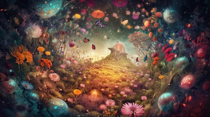 Fototapeta na wymiar Beautiful fantasy enchanted forest with butterflies, flowers and copy space. Fairy tale outdoor background. AI generative image.
