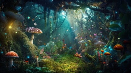 Beautiful and mysterious enchanted forest with mushrooms, fireflies, butterflies and other creatures and plants. Copy space in the middle, outdoor nature background. AI generative image.
