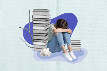 Conceptual collage photo young upset pupil student tired studying preparing final examination...