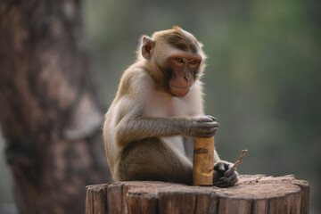 cute monkey sitting on wood