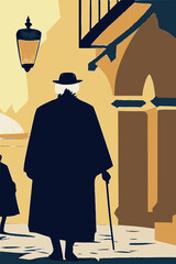 Tel Aviv street with a silhouette of an orthodox jew in traditional clothes. Abstract vector image.