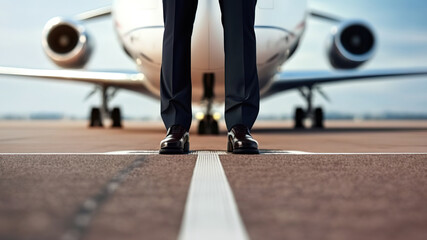 A gentleman is business suit is standing in front of the private jet. The Billionaire, businessman successful concept scene. Generative Ai image.	
