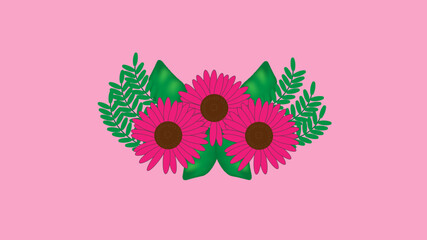 gerberas are pink on a pink background. with green twigs