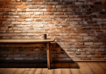 Rustic Charm A Moody Wooden Table Top Against a Distinct Brick Wall