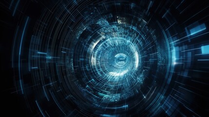 Fototapeta premium Digital cyberspace tunnel abstract background with copy space. Blue color. Cyber data vortex illustration. AI generative image.