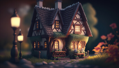 Fototapeta premium Digital illustration of fantasy fairy tale little cute house. AI generative image.