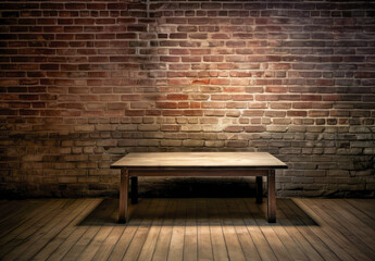 Rustic Charm A Moody Wooden Table Top Against a Distinct Brick Wall