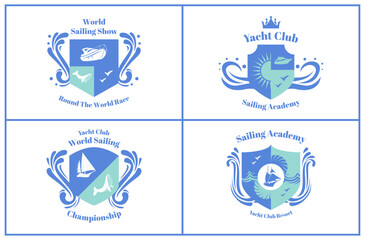 Sailing academy crest yacht club resort insignia shield with sea waves set vector flat illustration
