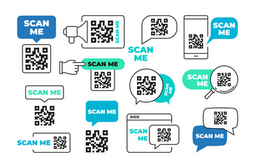 Scan me line badge icon QR code pointer customer payment information set vector illustration