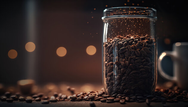 Close up coffee beans background. Aroma beverage concept. AI generative image.