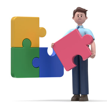 recommend clip art: 3D illustration of smiling Asian man Felix holding puzzle piece, cartoon character thinking, trying resolve the problem.  3D rendering on white background.
                    