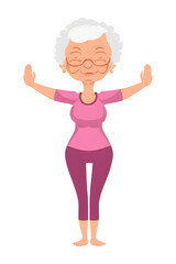 Old woman in a yoga pose, standing, vector illustration. on white background Generative AI