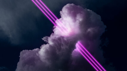 Neon colored purple lines crossing cloud, smoke at night over dark background. Creative abstract...