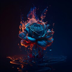 Burning red rose under water realistic art