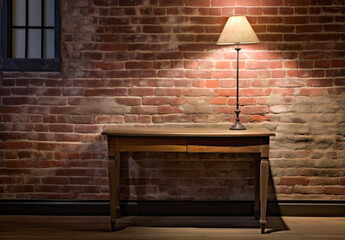 Rustic Charm A Moody Wooden Table Top Against a Distinct Brick Wall