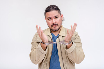 A cynical man shows his handcuffed hands. Showing a little bit of defiance. Isolated on a white...