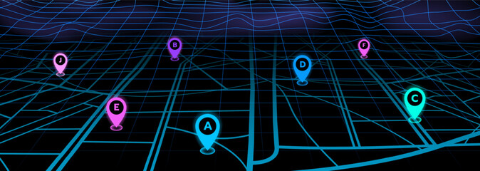 Street road map. GPS pins. City points in navigator. Search or connect technology. 3D network markers. Glowing wireframe background. Navigation roadmap. Vector abstract illustration