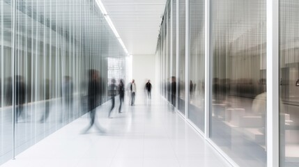Fototapeta na wymiar Office corridor, long exposure, motion blur effect, modern business center interior with blurred rushing people. Indoor background. Office life concept. AI generative image.