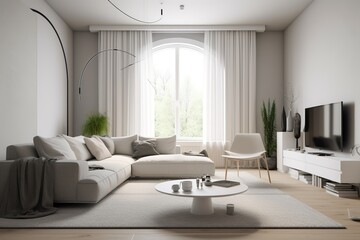 modern living room with a white wall, curtains, chair and plants - obrazy, fototapety, plakaty