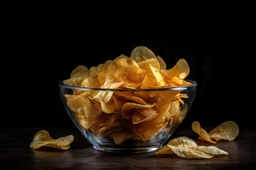 chips in a glass bowl  and isolated on dark background