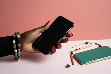 woman's hand holding phone mockup, black screen of device
