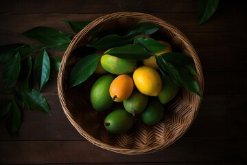 top view of basket of mango fruits decorated with leaves