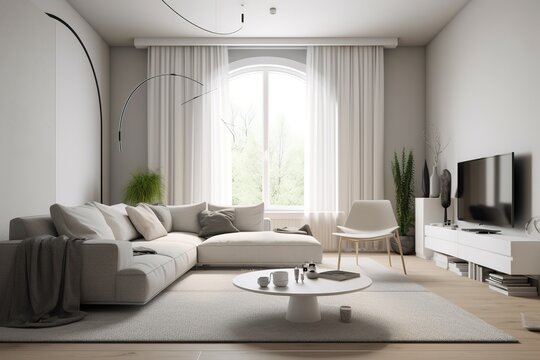 modern living room with a white wall, curtains, chair and plants