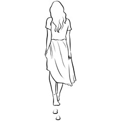 Beautiful Woman Walking with Footprint Line Drawing.