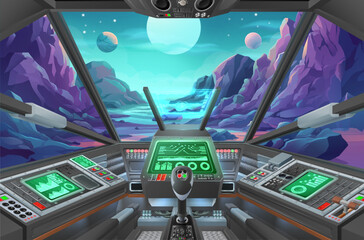 A spaceship or lander craft cockpit with space ship controls looking out on an alien planet landscape background © Christos Georghiou