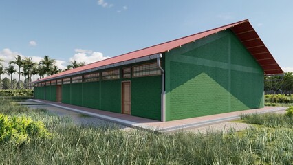 exterior facade, of a military dormitory pavilion, simple, functional architecture, brick and wood, vernacular architecture