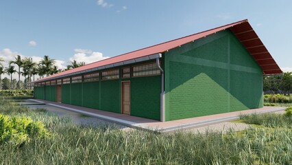 Fototapeta premium exterior facade, of a military dormitory pavilion, simple, functional architecture, brick and wood, vernacular architecture