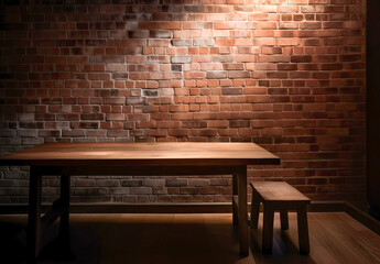 Rustic Charm A Moody Wooden Table Top Against a Distinct Brick Wall