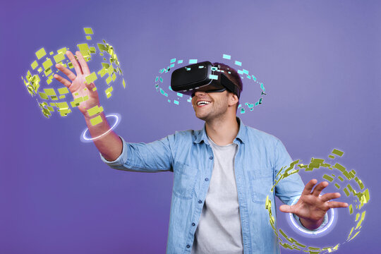 Fototapeta Creative surreal futurism collage of young guy gamer choose super hero character with powers complete level challenge