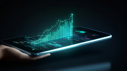 A tablet displays holographic graphs and stock market statistics, showcasing profit gains in the financial industry. Generative AI.