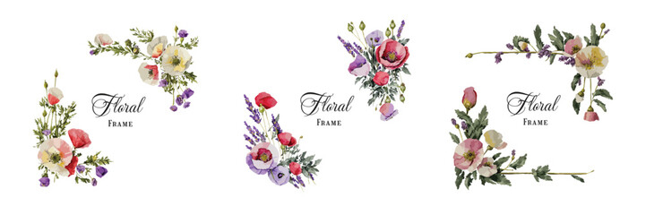 Floral frame set collection with poppies and lavender flowers, elegant watercolor decorations