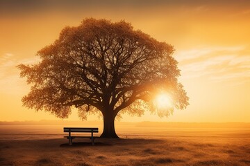 bench under a tree at sunset