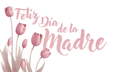 Spanish Happy Mothers Day Feliz Dia De La Madre paper craft or paper cut origami style floral tulip flowers design. With pink tulips background corner frame design elements. © Christos Georghiou