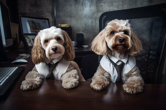 Two cute dogs in ties at the office